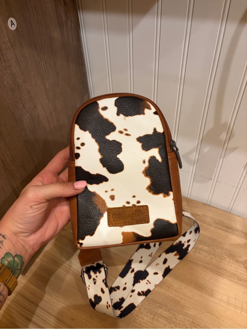 Wrangler Cowprint Crossbody Belt Bag in Brown and White